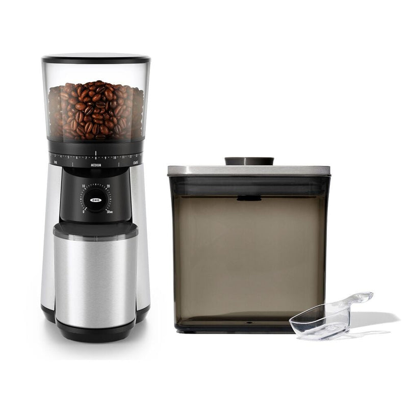 Conical Burr Coffee Grinder & Steel Coffee POP Container (1.7 Qt) with Scoop Bundle D1