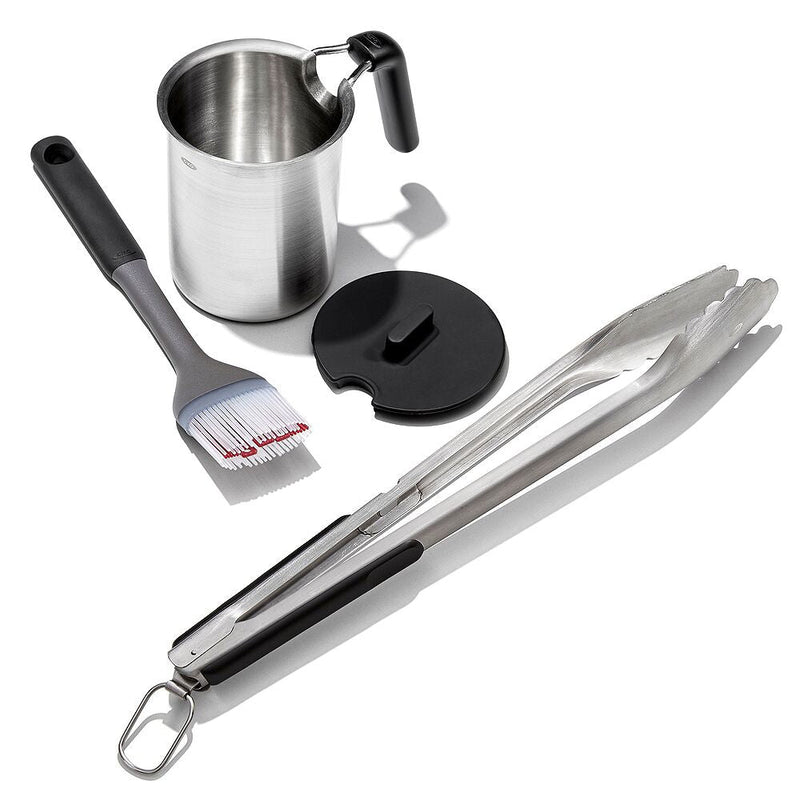 Grilling Basting Pot and Brush Set & Grilling Tongs with Built-In Bottle Opener Bundle M2