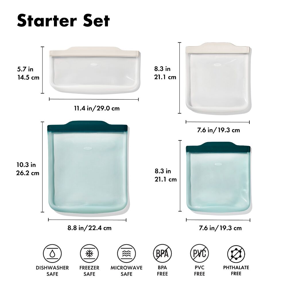 Silicone Reusable Bag - 4 Piece Starter Set - Oat/Lagoon V4